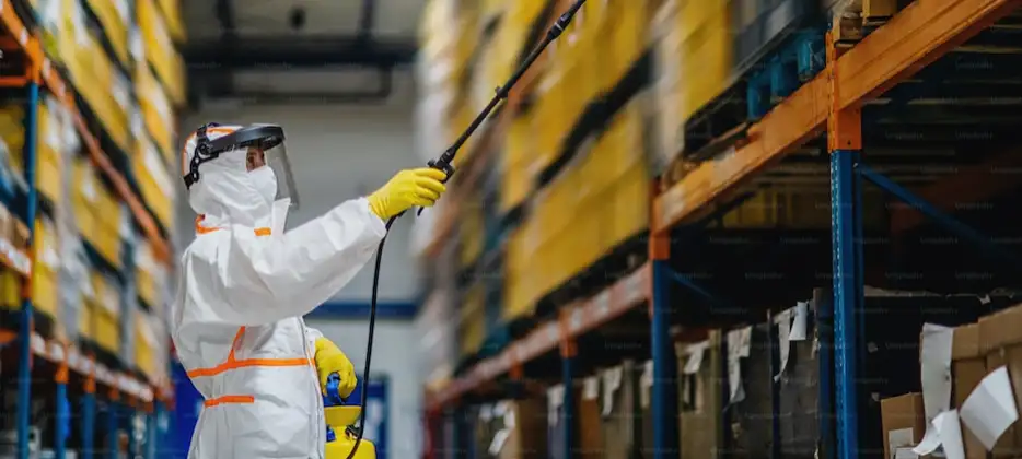 Person wearing protective gear spraying disinfectant in a warehouse environment.