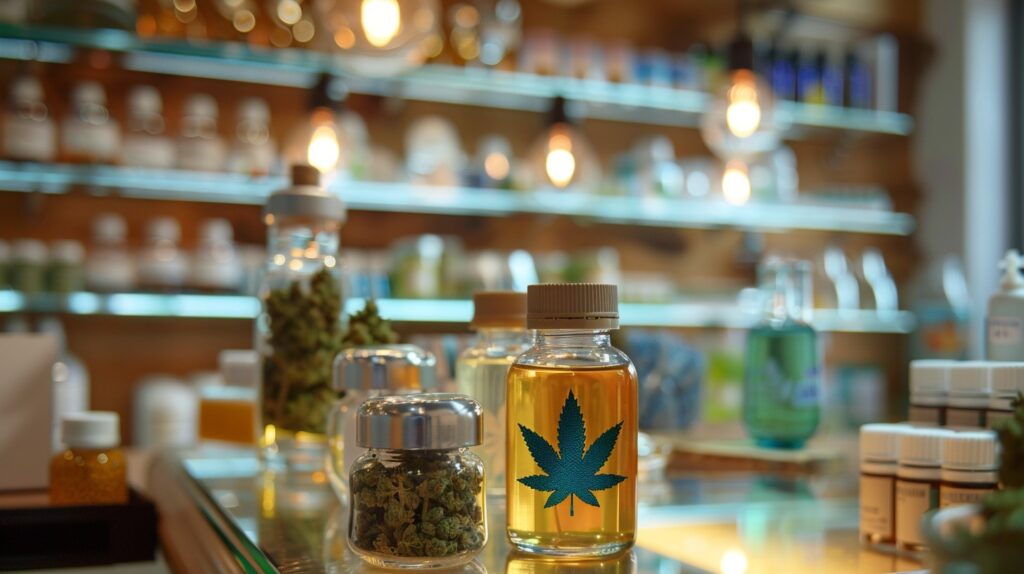 bottles of cannabis oil and marijuana buds on a counter