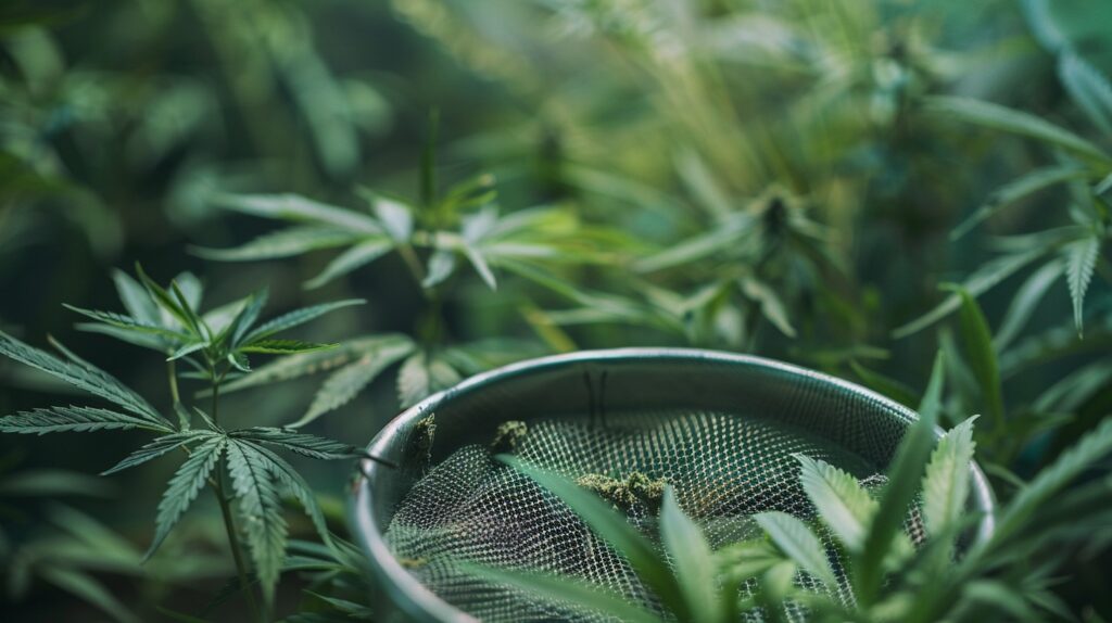 Close-up view of a cannabis plant with leaves surrounding a mesh screen, highlighting cultivation details in a greenhouse environment.