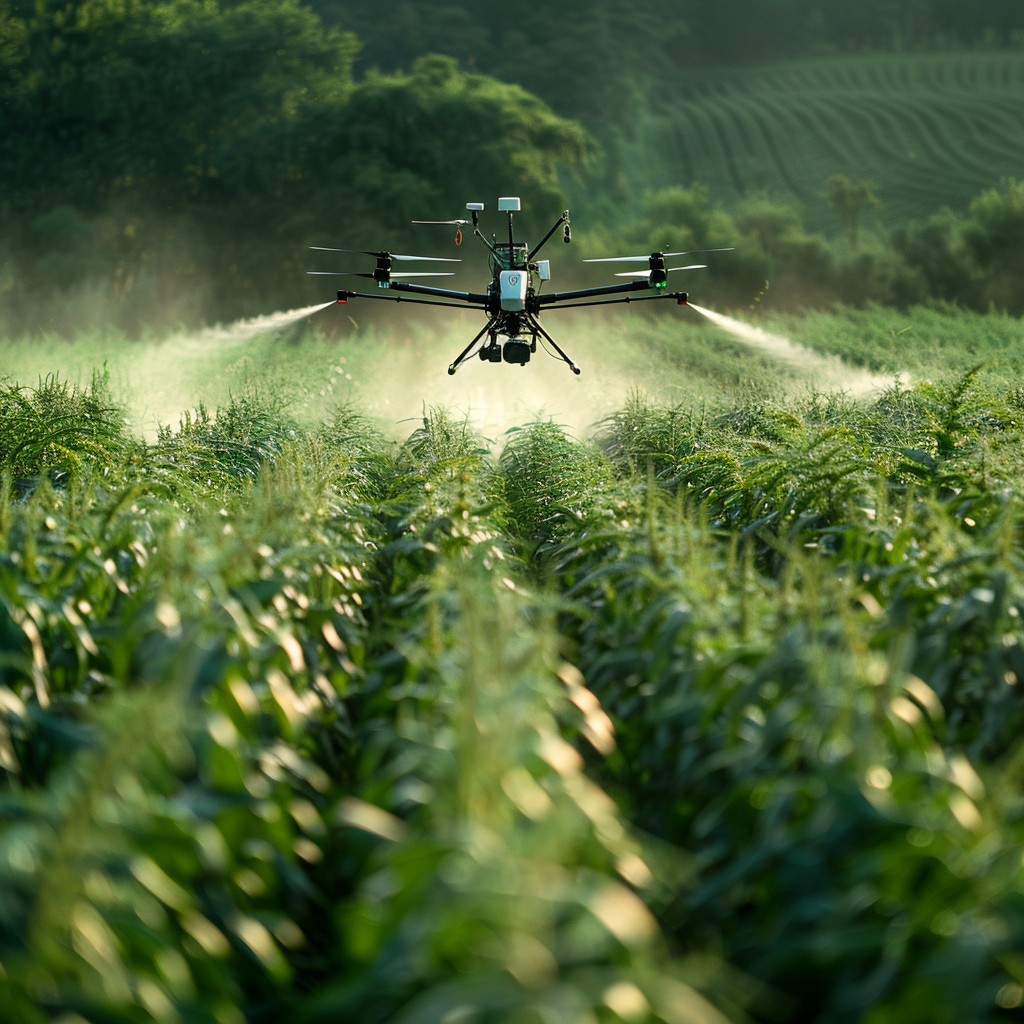 A drone spraying crops in a lush, green agricultural field, illustrating modern farming technology amidst rows of vegetation.