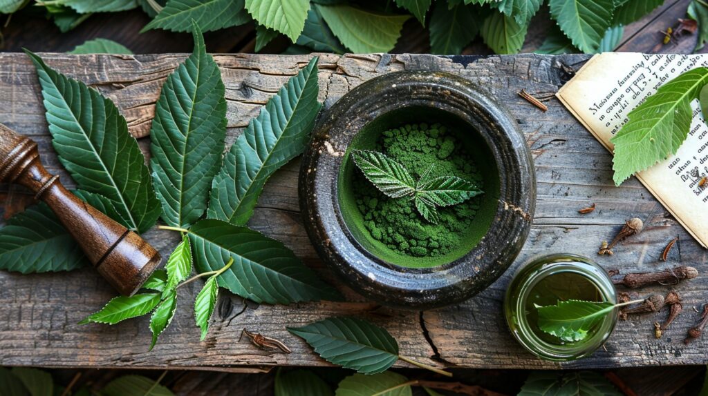 a wooden table topped with leaves and a jar of green liquid