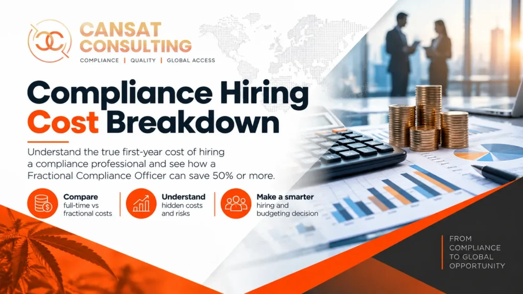 CanSat Consulting Compliance Hiring Cost Breakdown guide cover in orange, charcoal and white, featuring financial charts, stacked coins and global business graphics.