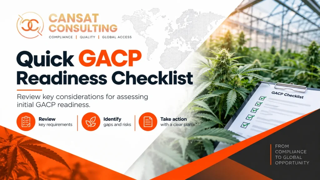 CanSat Consulting Quick GACP Readiness Checklist cover featuring a cannabis plant in a greenhouse, with orange and charcoal graphics and global compliance imagery.